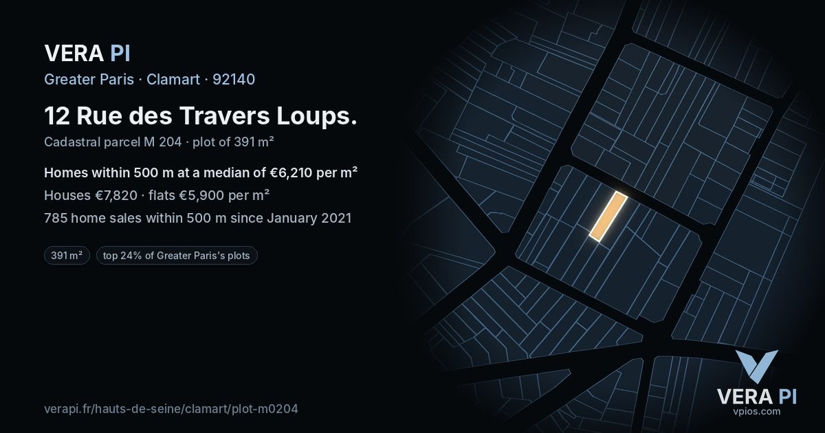 12 Rue des Travers Loups, Clamart at night – the plot lit, the parcels around coloured by the prices near them