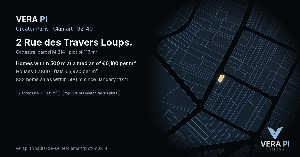 2 Rue des Travers Loups, Clamart at night – the plot lit, the parcels around coloured by the prices near them