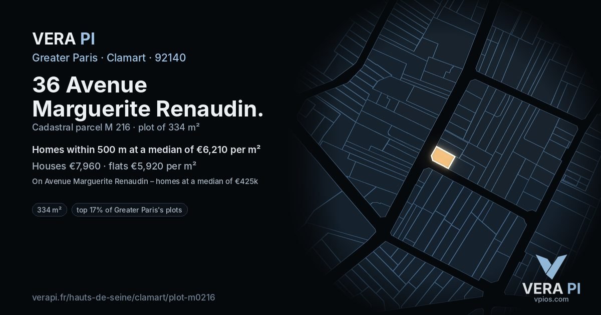 36 Avenue Marguerite Renaudin, Clamart at night – the plot lit, the parcels around coloured by the prices near them