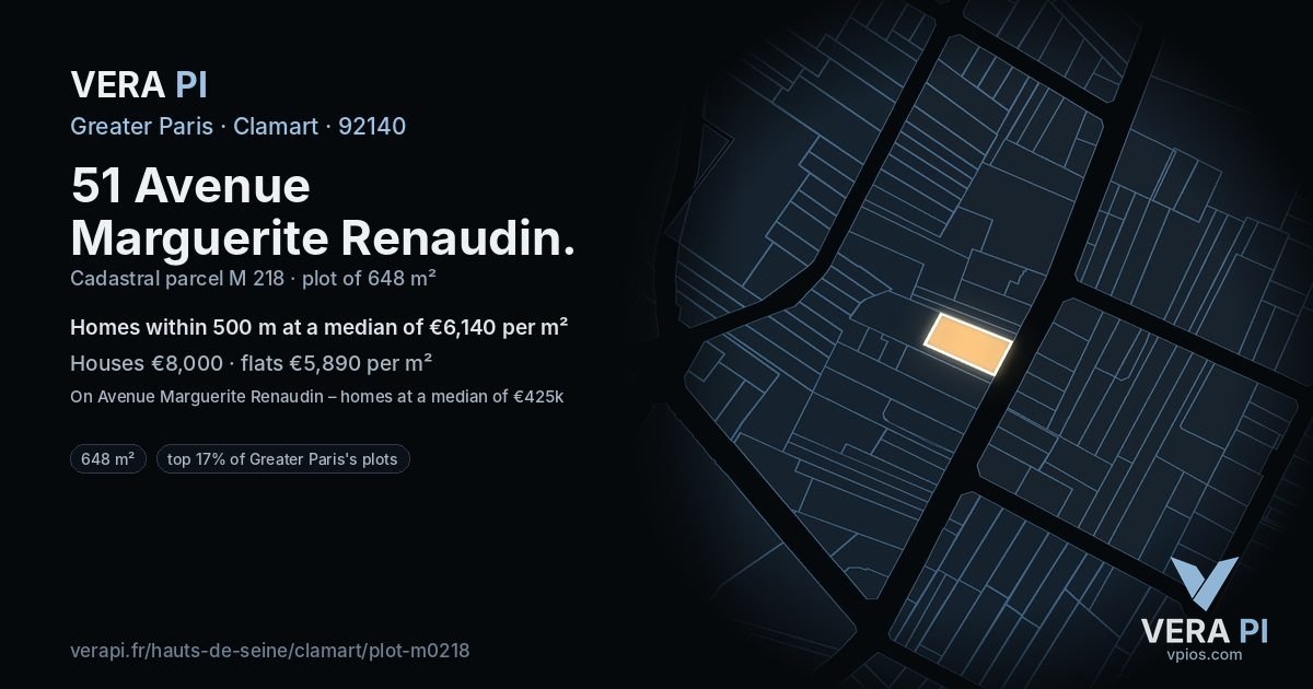 51 Avenue Marguerite Renaudin, Clamart at night – the plot lit, the parcels around coloured by the prices near them