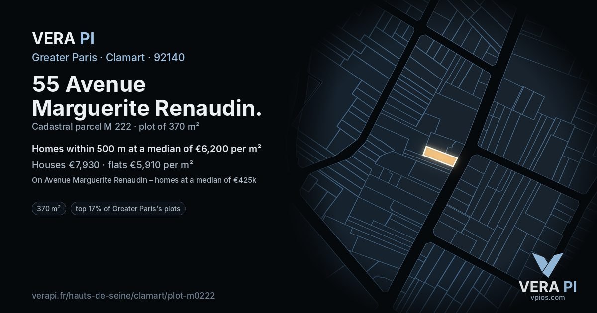 55 Avenue Marguerite Renaudin, Clamart at night – the plot lit, the parcels around coloured by the prices near them