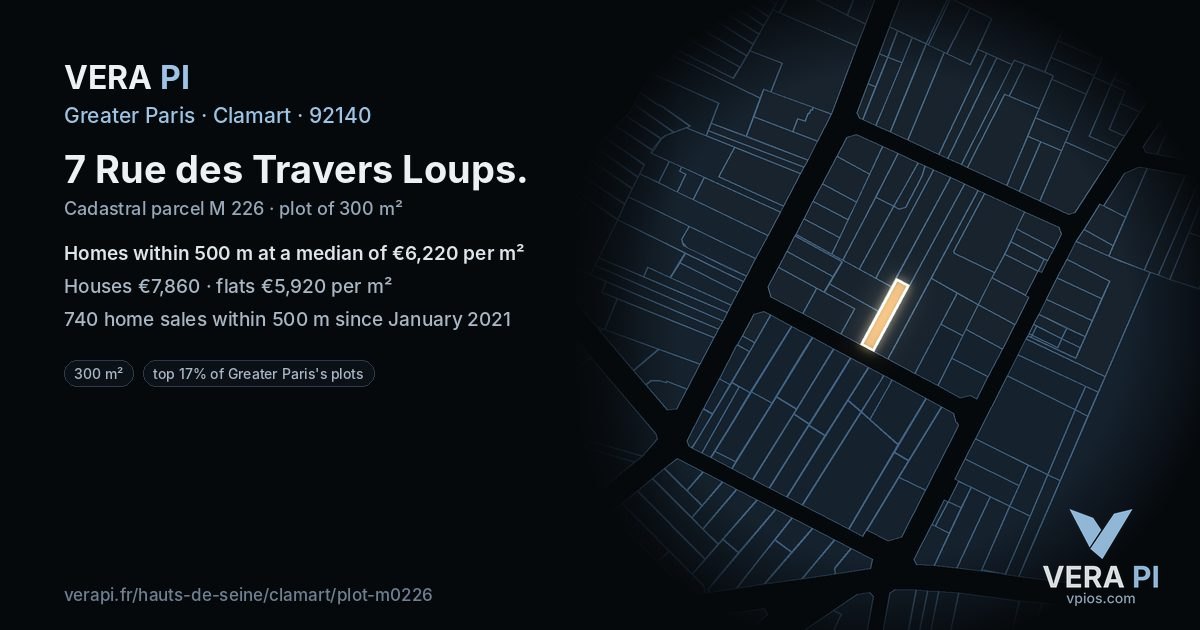 7 Rue des Travers Loups, Clamart at night – the plot lit, the parcels around coloured by the prices near them