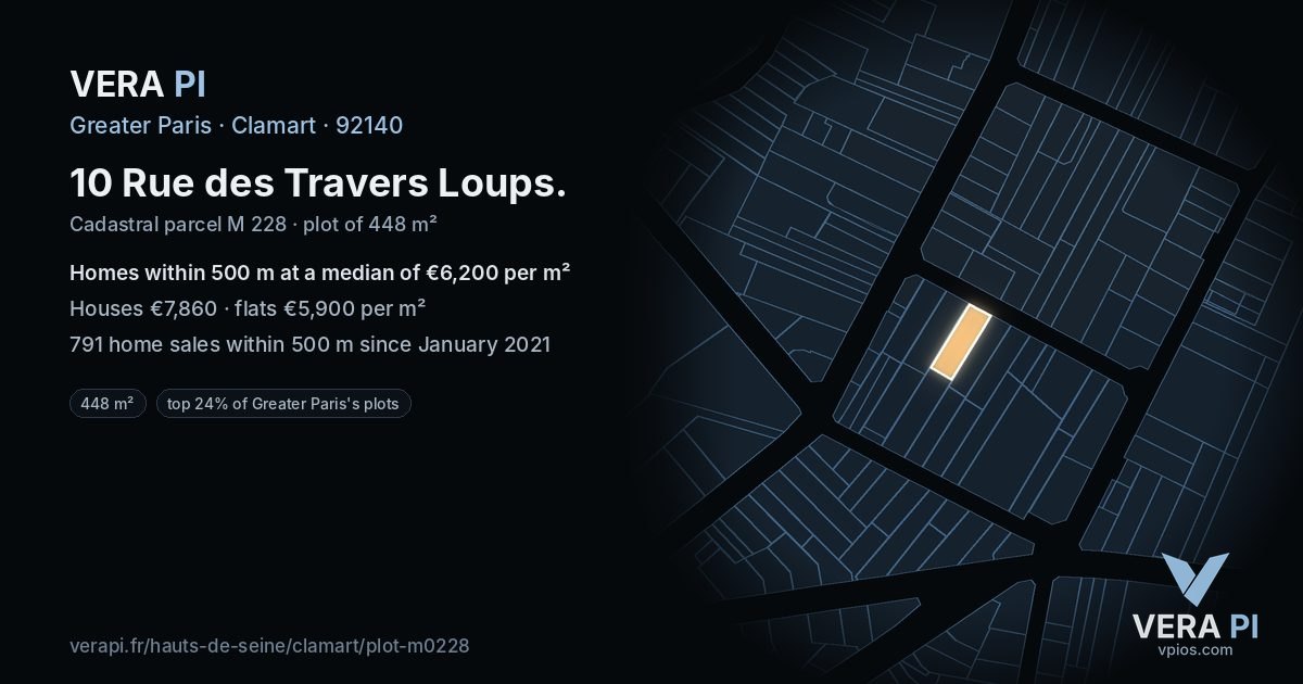 10 Rue des Travers Loups, Clamart at night – the plot lit, the parcels around coloured by the prices near them