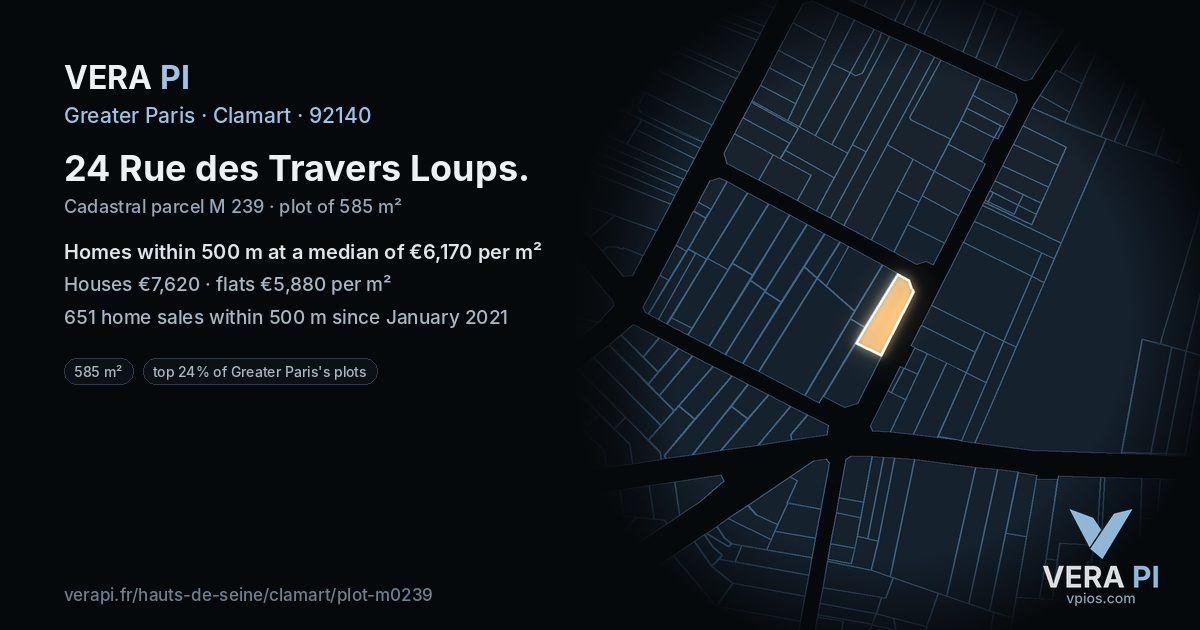 24 Rue des Travers Loups, Clamart at night – the plot lit, the parcels around coloured by the prices near them