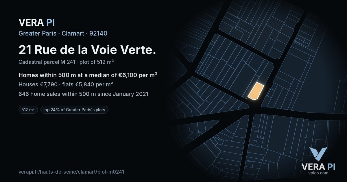 21 Rue de la Voie Verte, Clamart at night – the plot lit, the parcels around coloured by the prices near them