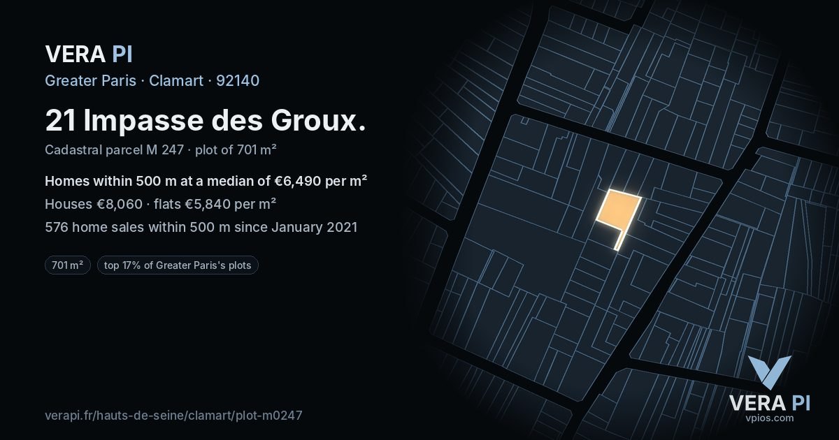 21 Impasse des Groux, Clamart at night – the plot lit, the parcels around coloured by the prices near them