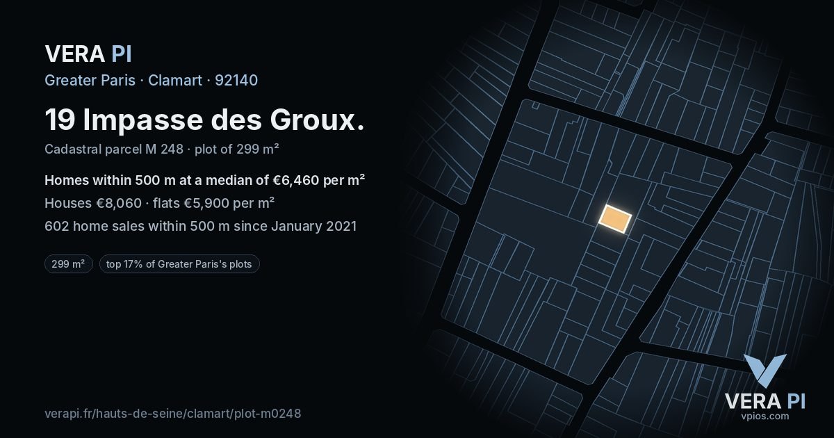 19 Impasse des Groux, Clamart at night – the plot lit, the parcels around coloured by the prices near them