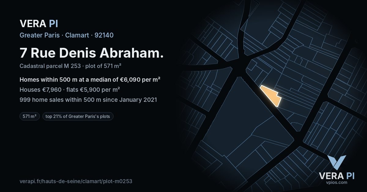 7 Rue Denis Abraham, Clamart at night – the plot lit, the parcels around coloured by the prices near them