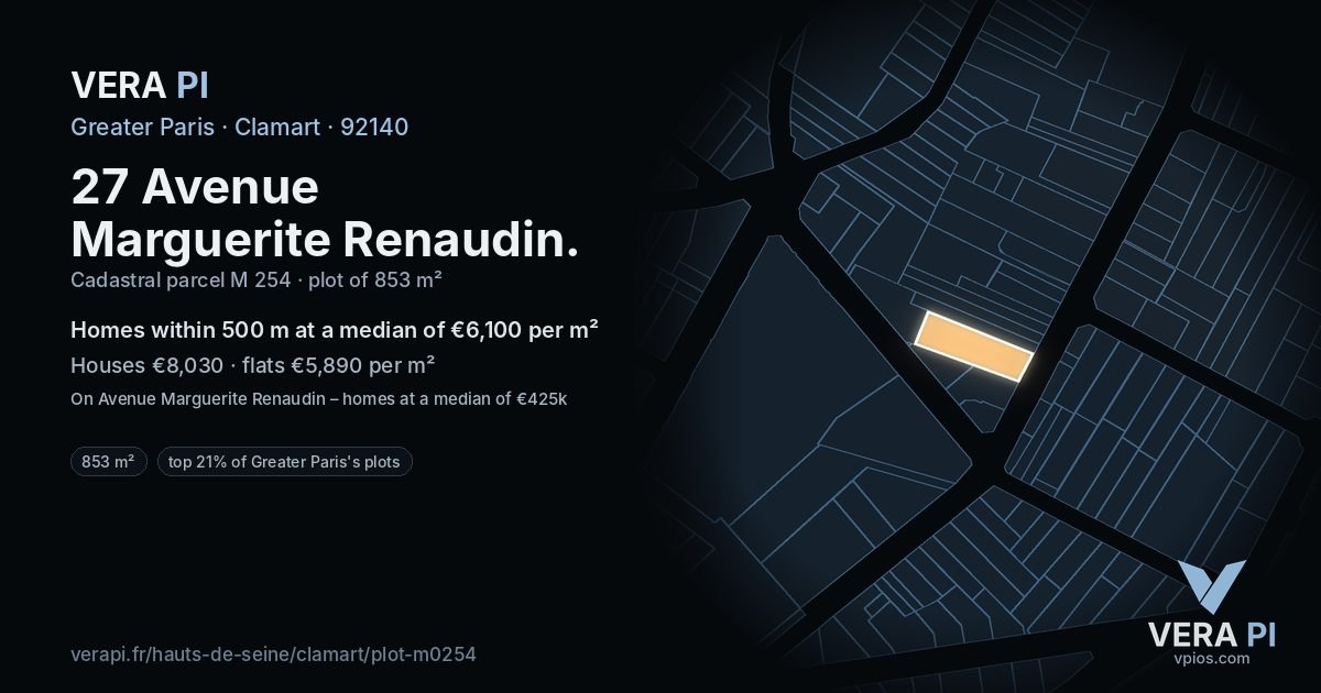 27 Avenue Marguerite Renaudin, Clamart at night – the plot lit, the parcels around coloured by the prices near them