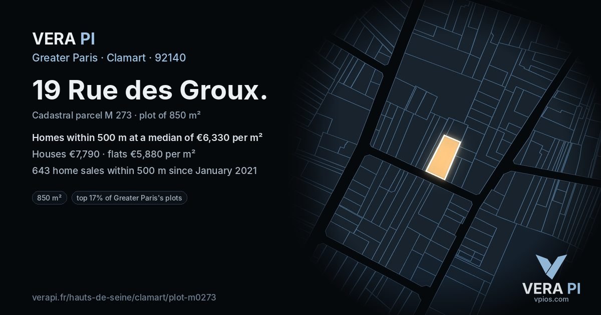 19 Rue des Groux, Clamart at night – the plot lit, the parcels around coloured by the prices near them