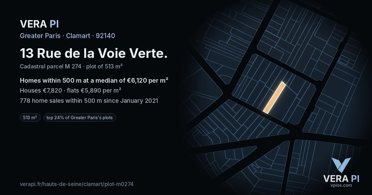 13 Rue de la Voie Verte, Clamart at night – the plot lit, the parcels around coloured by the prices near them