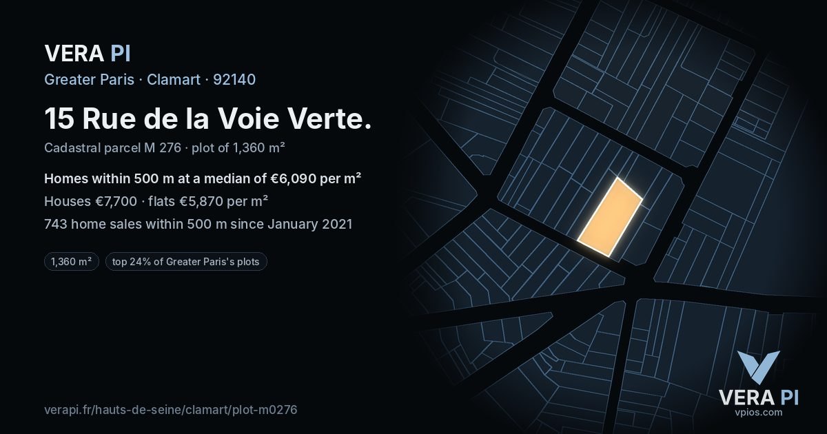 15 Rue de la Voie Verte, Clamart at night – the plot lit, the parcels around coloured by the prices near them