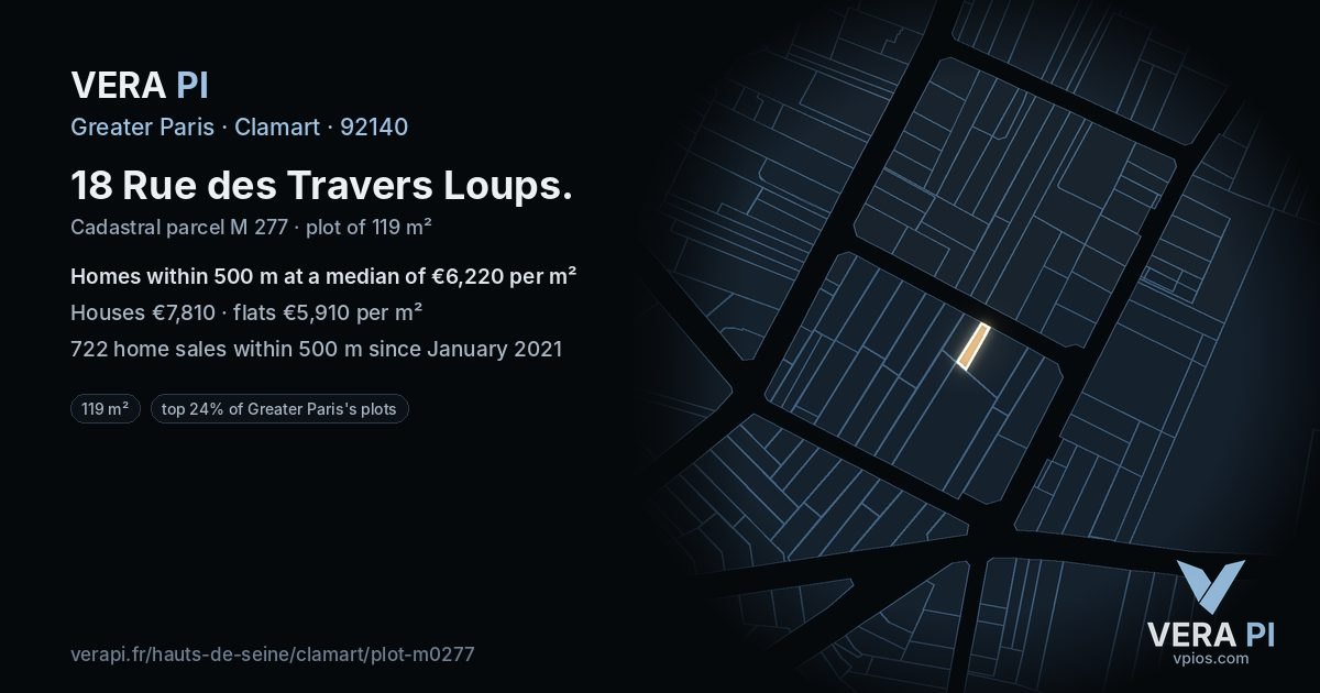 18 Rue des Travers Loups, Clamart at night – the plot lit, the parcels around coloured by the prices near them