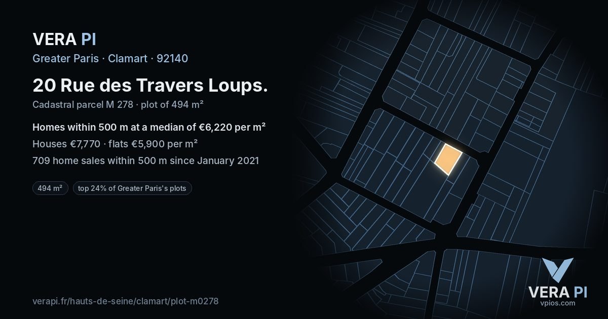 20 Rue des Travers Loups, Clamart at night – the plot lit, the parcels around coloured by the prices near them