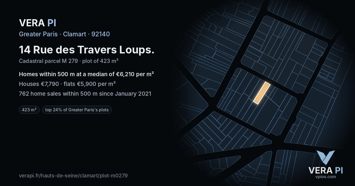 14 Rue des Travers Loups, Clamart at night – the plot lit, the parcels around coloured by the prices near them