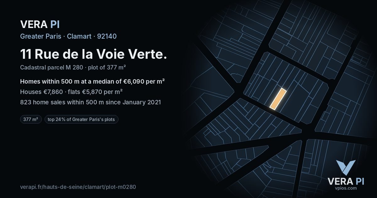 11 Rue de la Voie Verte, Clamart at night – the plot lit, the parcels around coloured by the prices near them