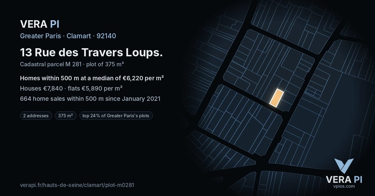 13 Rue des Travers Loups, Clamart at night – the plot lit, the parcels around coloured by the prices near them
