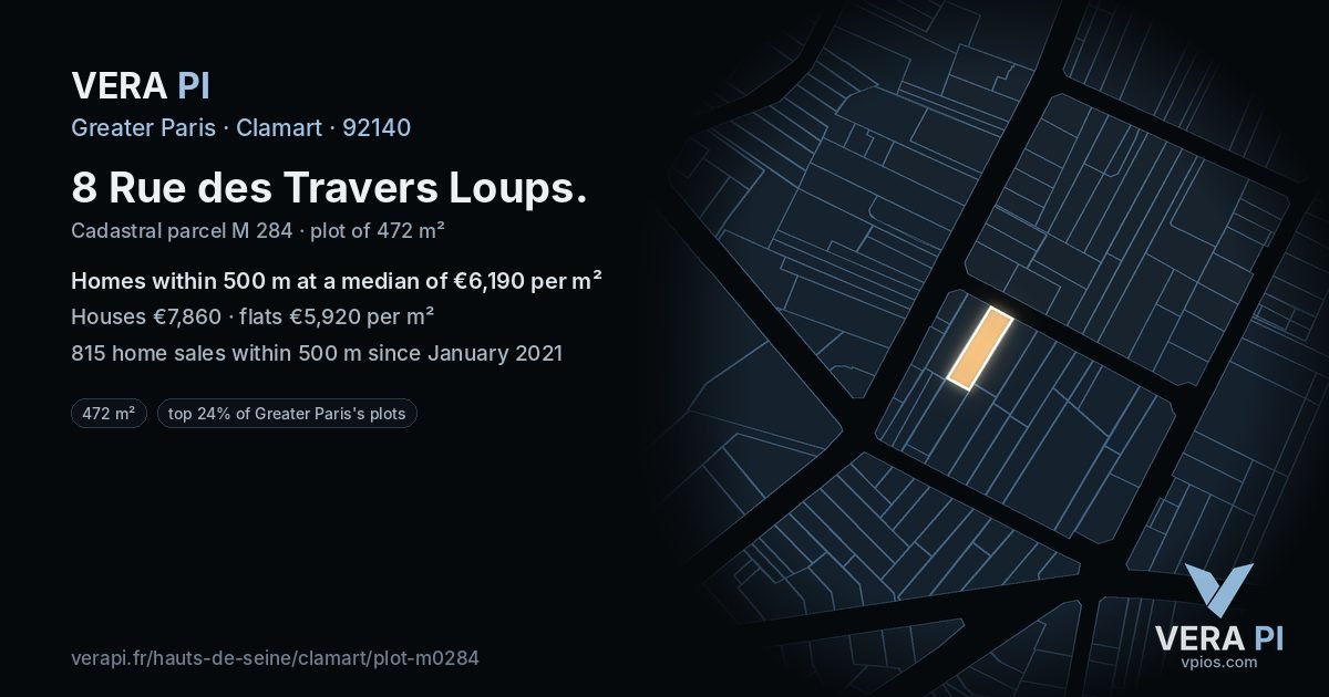 8 Rue des Travers Loups, Clamart at night – the plot lit, the parcels around coloured by the prices near them