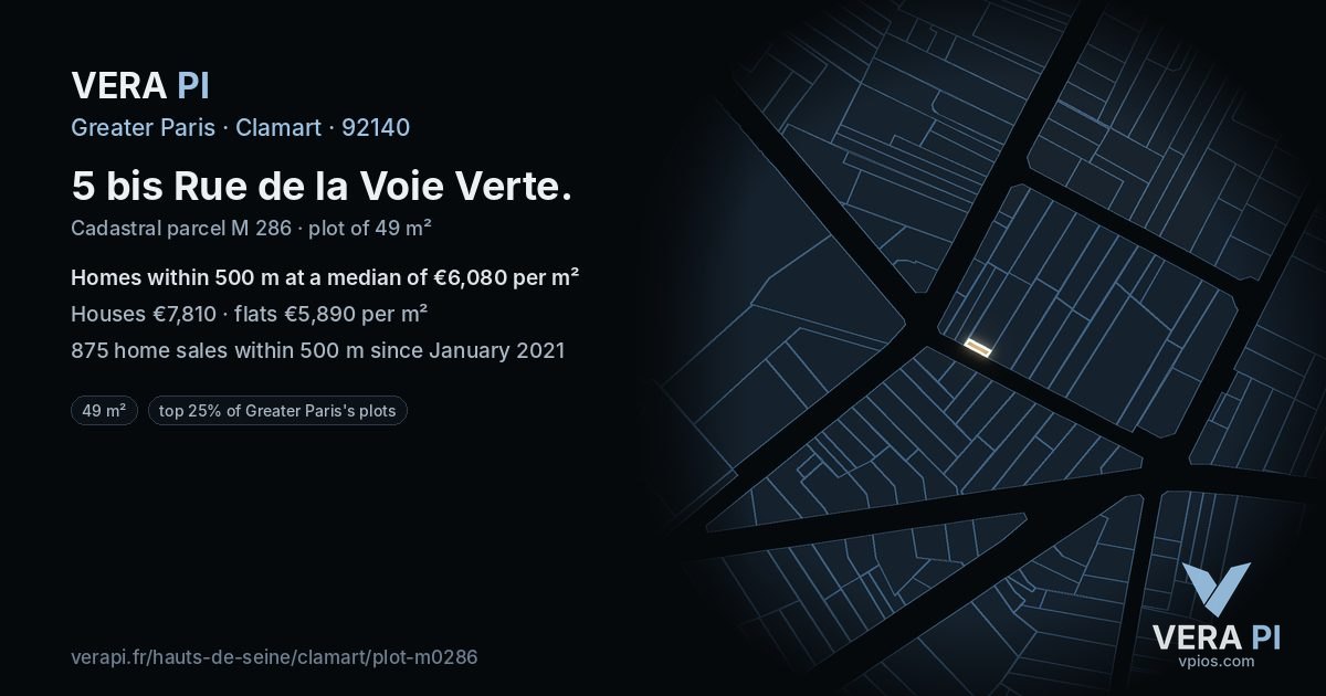 5 bis Rue de la Voie Verte, Clamart at night – the plot lit, the parcels around coloured by the prices near them