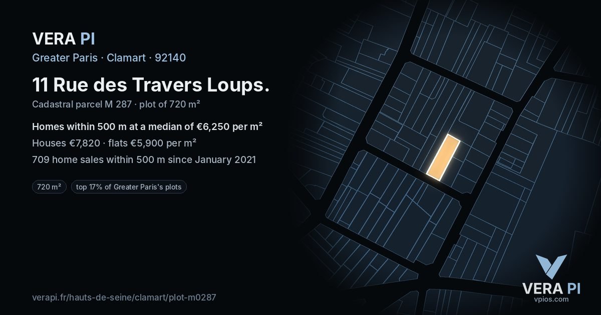 11 Rue des Travers Loups, Clamart at night – the plot lit, the parcels around coloured by the prices near them