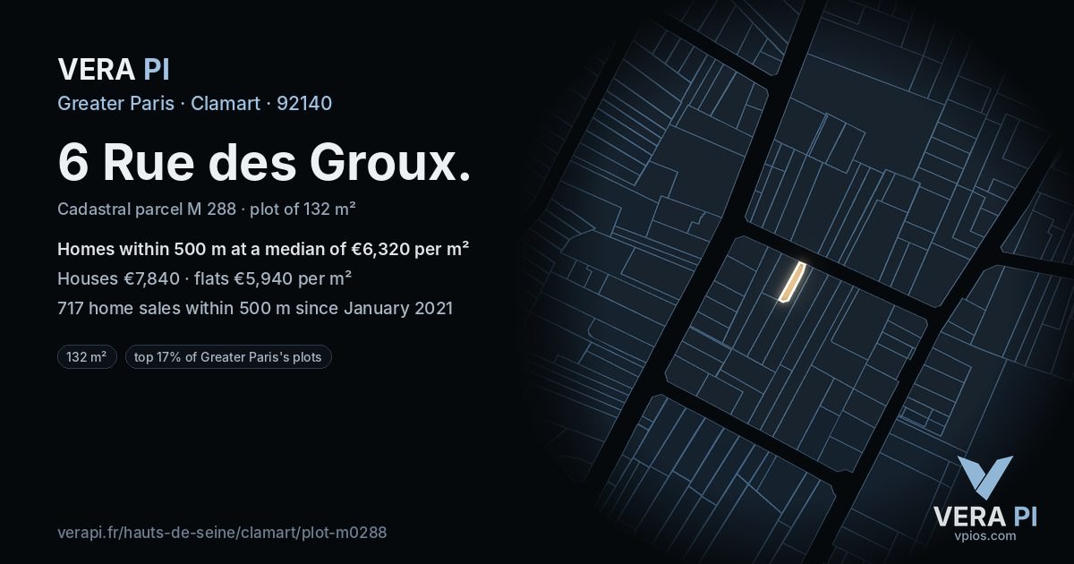 6 Rue des Groux, Clamart at night – the plot lit, the parcels around coloured by the prices near them