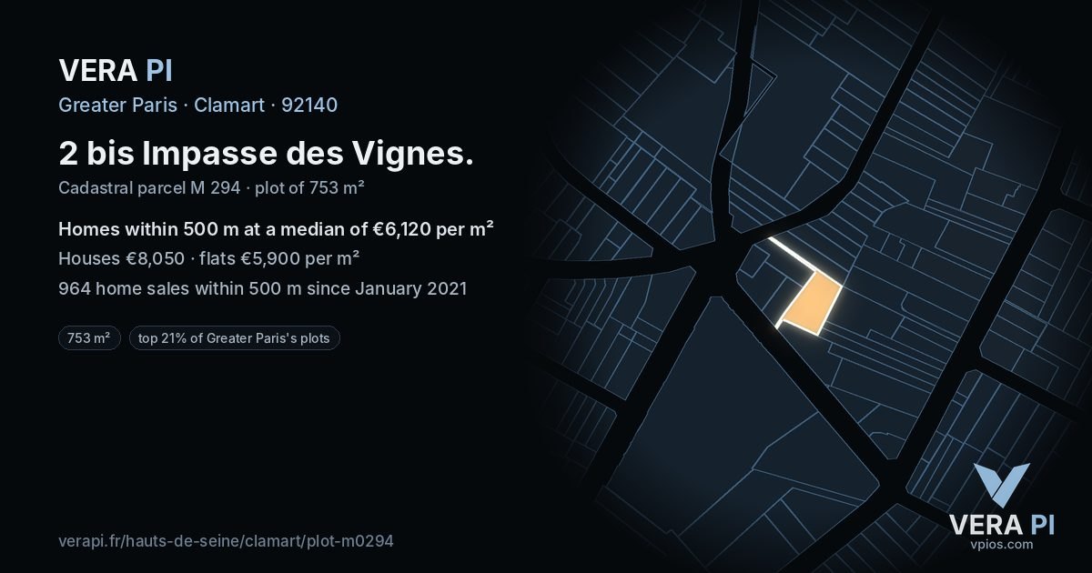 2 bis Impasse des Vignes, Clamart at night – the plot lit, the parcels around coloured by the prices near them
