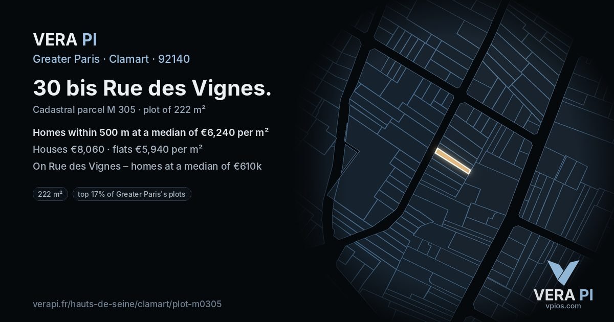 30 bis Rue des Vignes, Clamart at night – the plot lit, the parcels around coloured by the prices near them