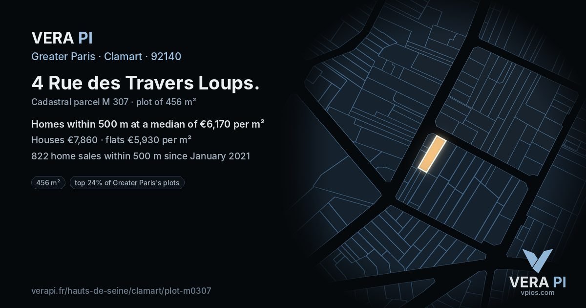 4 Rue des Travers Loups, Clamart at night – the plot lit, the parcels around coloured by the prices near them