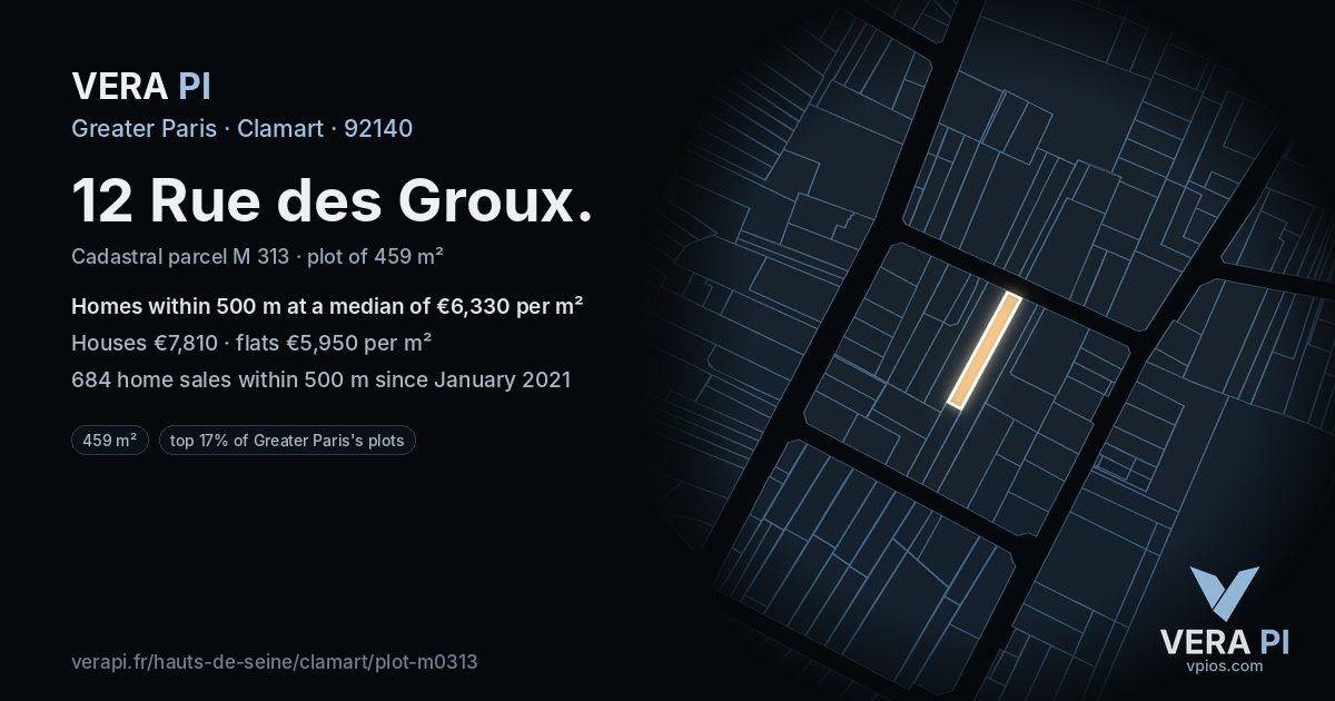12 Rue des Groux, Clamart at night – the plot lit, the parcels around coloured by the prices near them