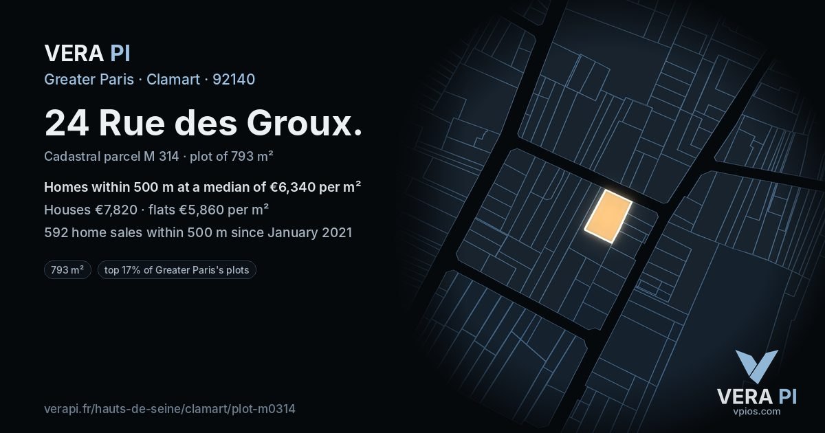 24 Rue des Groux, Clamart at night – the plot lit, the parcels around coloured by the prices near them