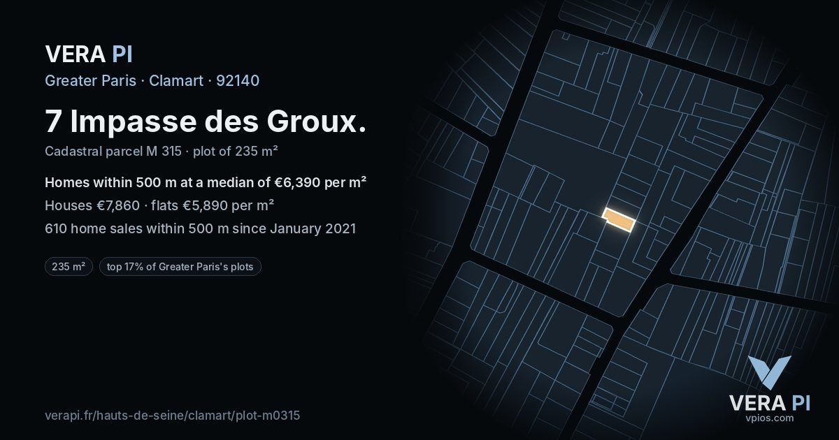 7 Impasse des Groux, Clamart at night – the plot lit, the parcels around coloured by the prices near them