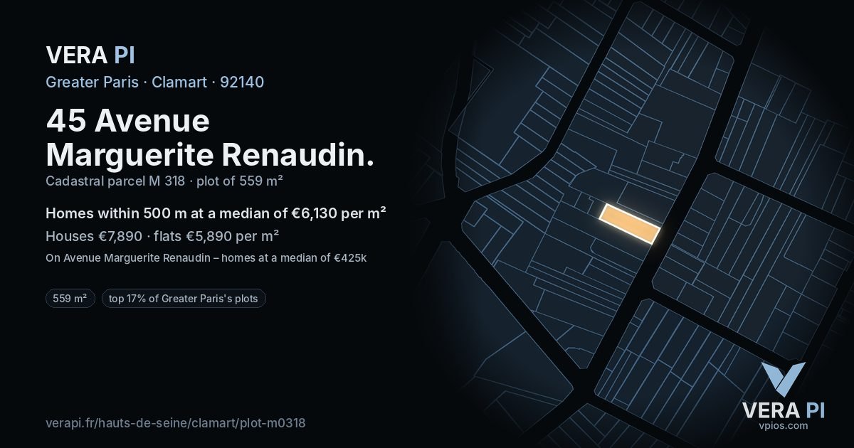 45 Avenue Marguerite Renaudin, Clamart at night – the plot lit, the parcels around coloured by the prices near them