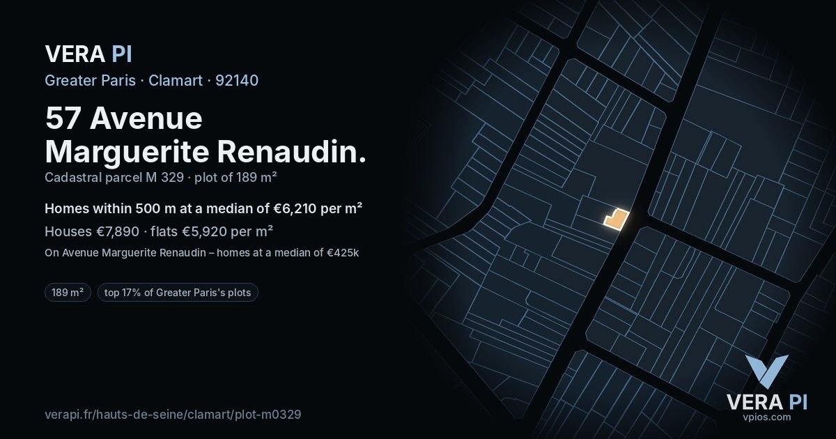 57 Avenue Marguerite Renaudin, Clamart at night – the plot lit, the parcels around coloured by the prices near them