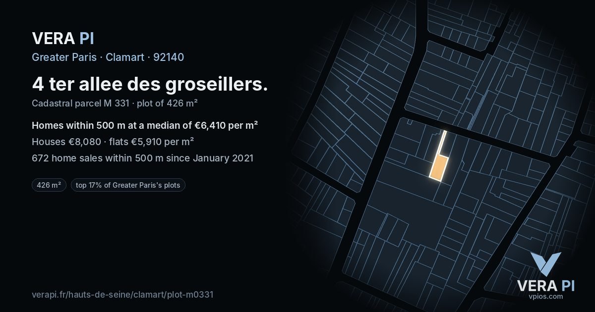 4 ter allee des groseillers, Clamart at night – the plot lit, the parcels around coloured by the prices near them