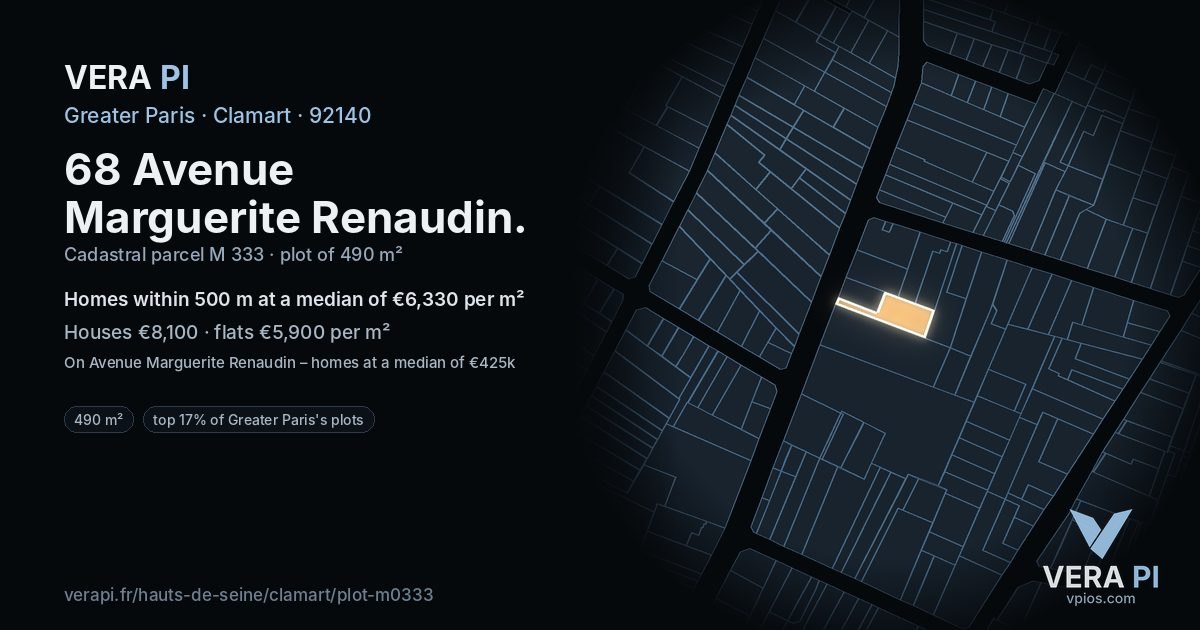 68 Avenue Marguerite Renaudin, Clamart at night – the plot lit, the parcels around coloured by the prices near them