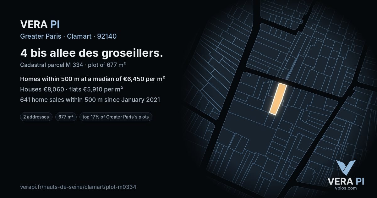 4 bis allee des groseillers, Clamart at night – the plot lit, the parcels around coloured by the prices near them