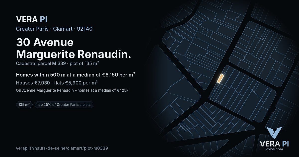 30 Avenue Marguerite Renaudin, Clamart at night – the plot lit, the parcels around coloured by the prices near them