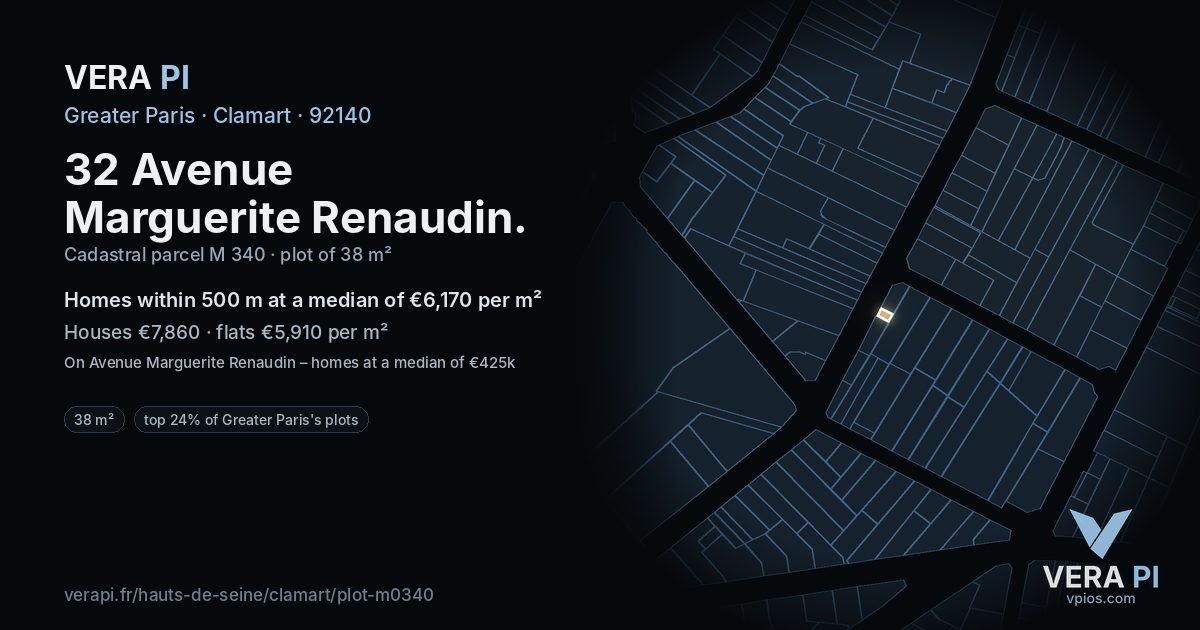 32 Avenue Marguerite Renaudin, Clamart at night – the plot lit, the parcels around coloured by the prices near them