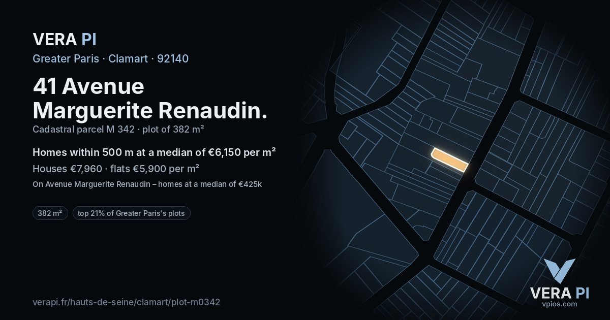 41 Avenue Marguerite Renaudin, Clamart at night – the plot lit, the parcels around coloured by the prices near them
