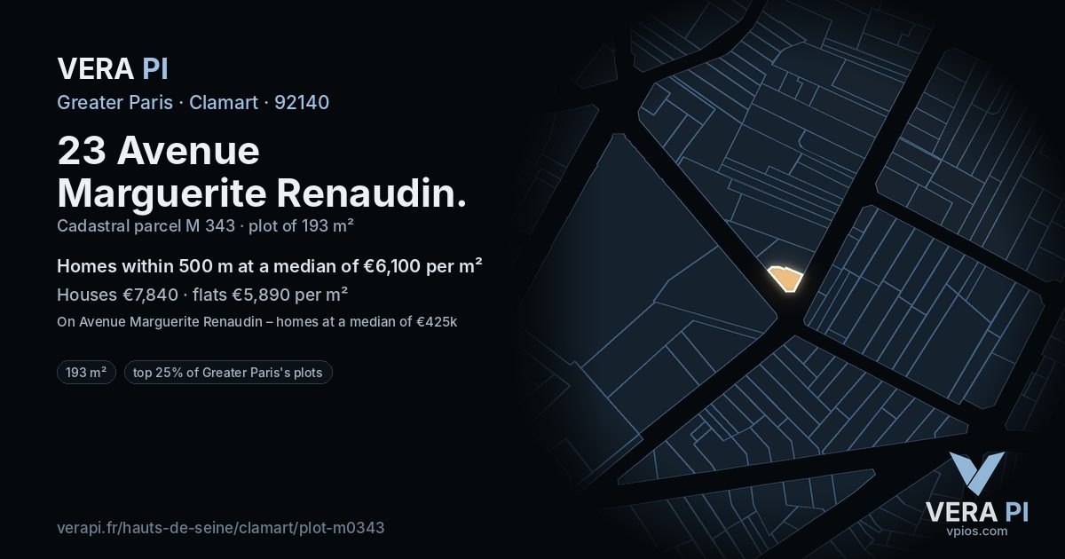 23 Avenue Marguerite Renaudin, Clamart at night – the plot lit, the parcels around coloured by the prices near them