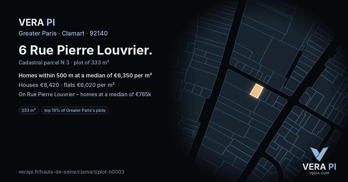 6 Rue Pierre Louvrier, Clamart at night – the plot lit, the parcels around coloured by the prices near them