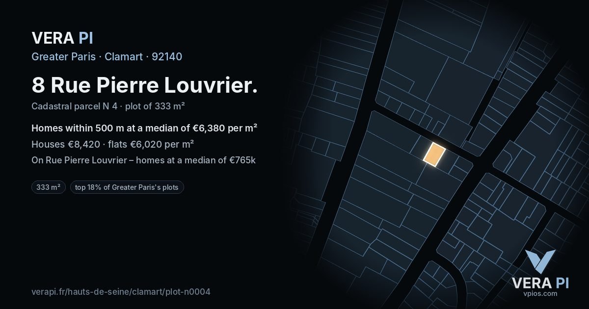 8 Rue Pierre Louvrier, Clamart at night – the plot lit, the parcels around coloured by the prices near them