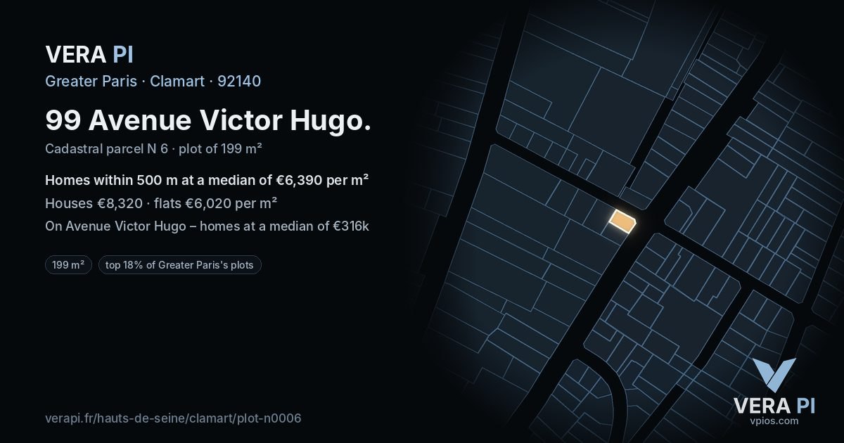 99 Avenue Victor Hugo, Clamart at night – the plot lit, the parcels around coloured by the prices near them