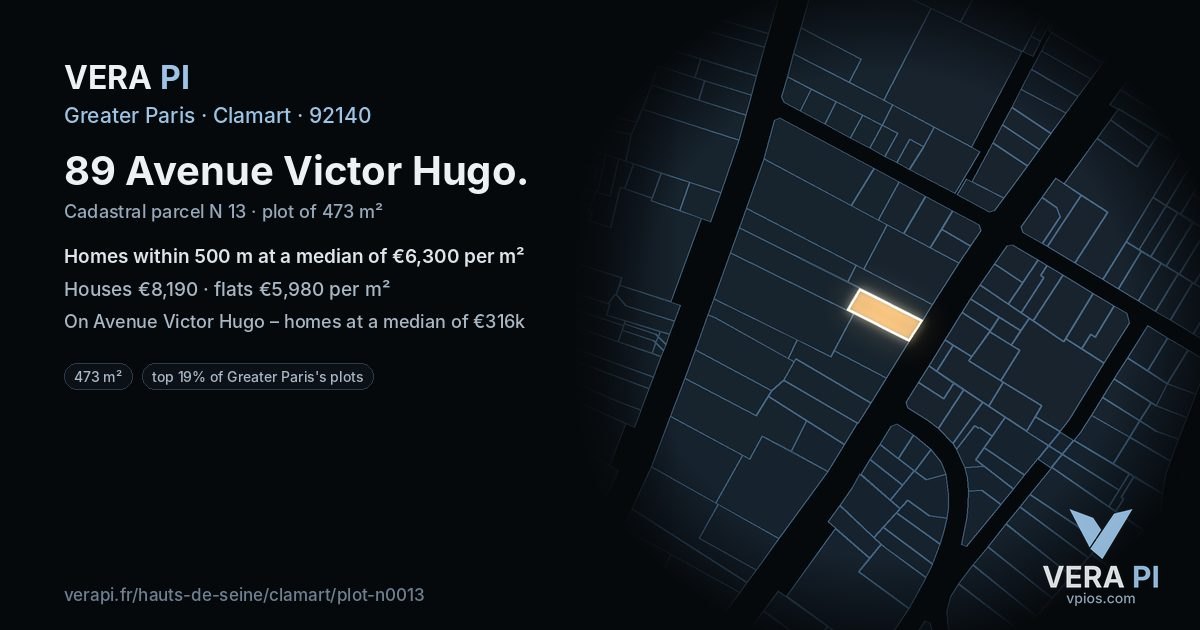 89 Avenue Victor Hugo, Clamart at night – the plot lit, the parcels around coloured by the prices near them
