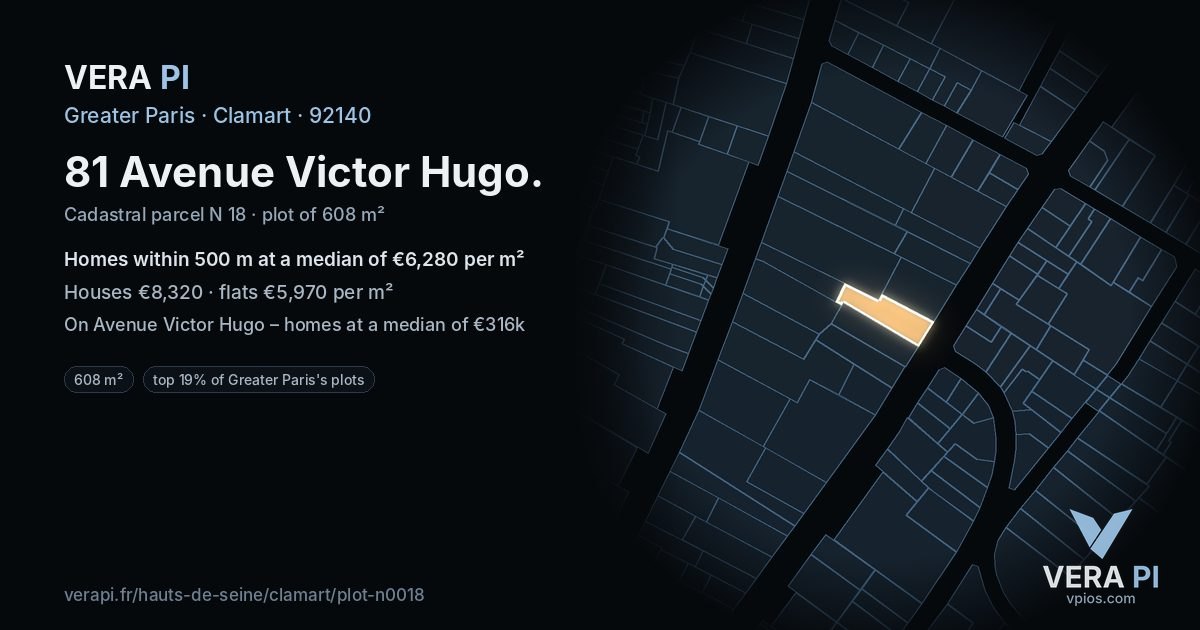 81 Avenue Victor Hugo, Clamart at night – the plot lit, the parcels around coloured by the prices near them
