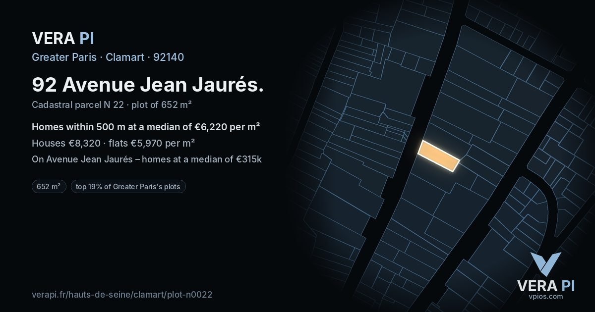 92 Avenue Jean Jaurés, Clamart at night – the plot lit, the parcels around coloured by the prices near them