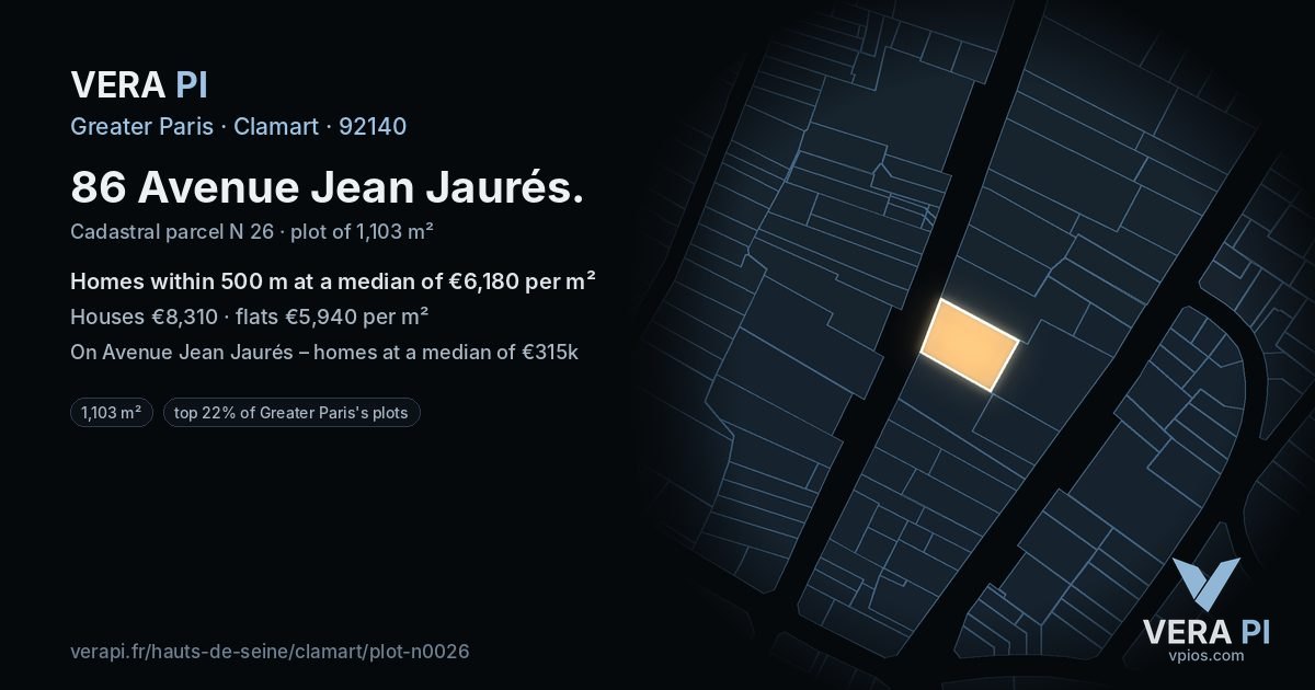 86 Avenue Jean Jaurés, Clamart at night – the plot lit, the parcels around coloured by the prices near them