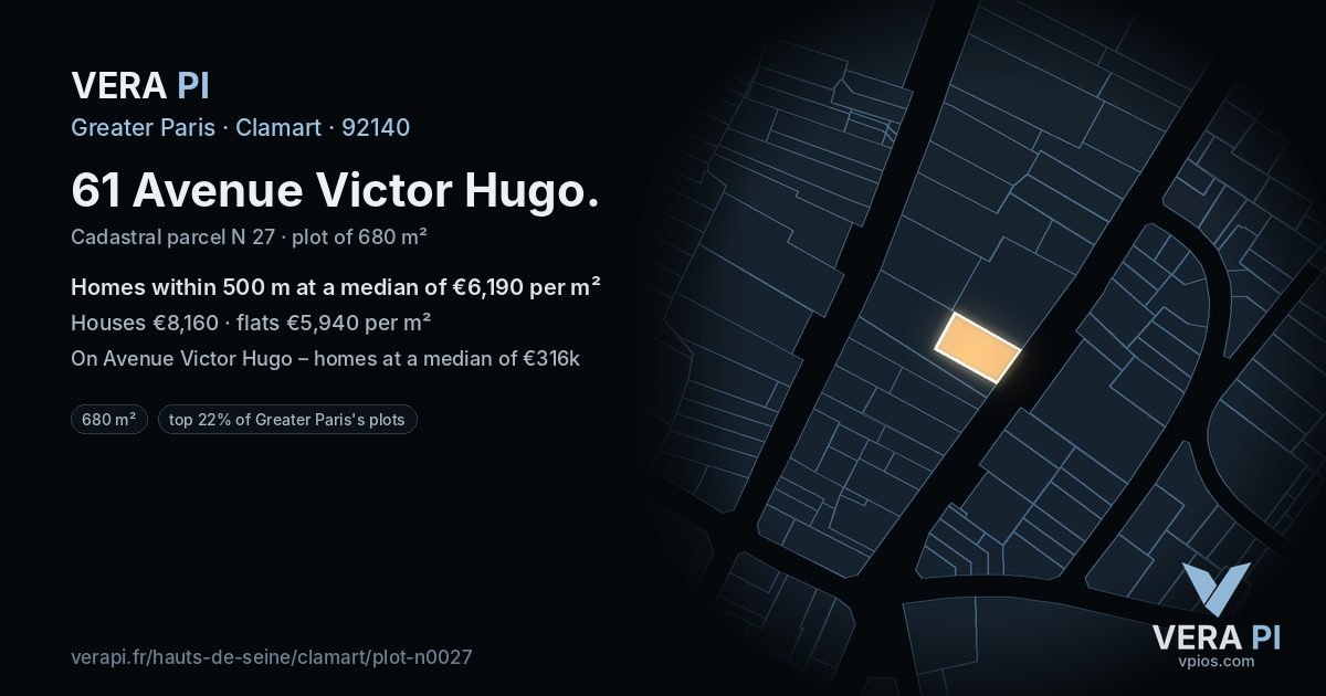 61 Avenue Victor Hugo, Clamart at night – the plot lit, the parcels around coloured by the prices near them