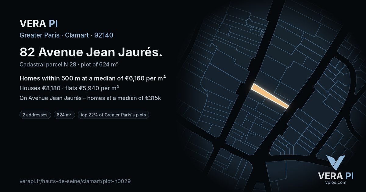 82 Avenue Jean Jaurés, Clamart at night – the plot lit, the parcels around coloured by the prices near them