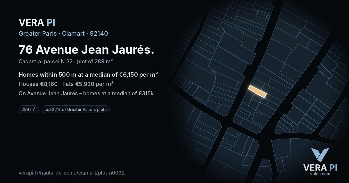 76 Avenue Jean Jaurés, Clamart at night – the plot lit, the parcels around coloured by the prices near them